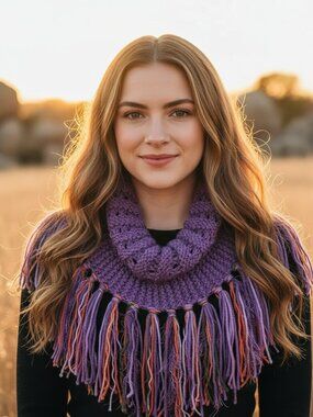 NEW Hand Knitted Purple Eyelet Boho Cowl Scarf Fringe Boho Indie Artsy Western